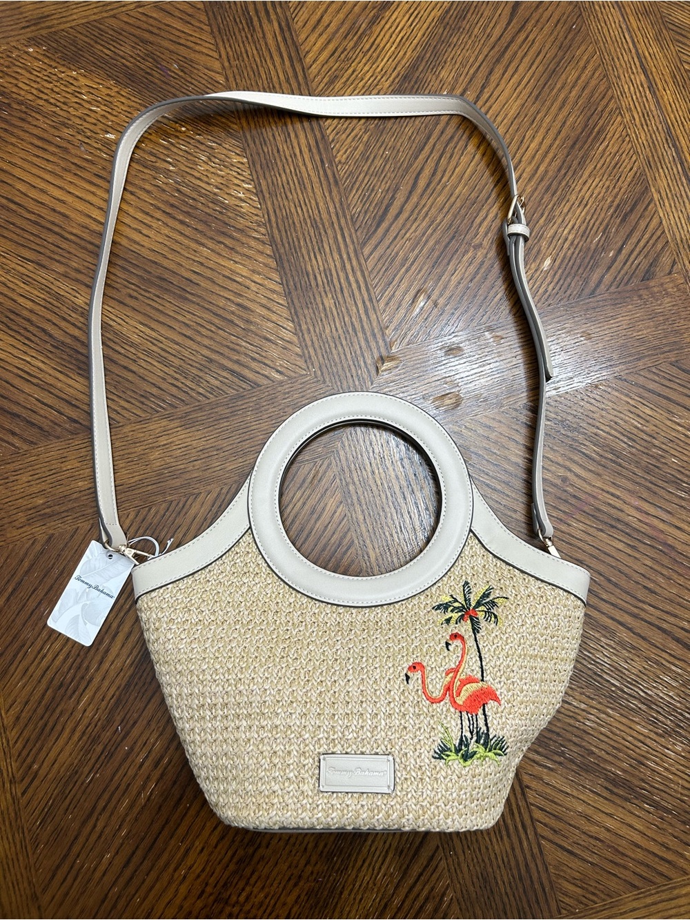 NWT Tommy Bahama Straw Embroidered Flamingo hand Bag with straps size 14x4x13”